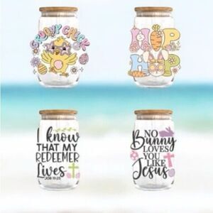 Set of 4 Easter  Glass Cups with Lids and Straws - 16oz Can Shaped cups